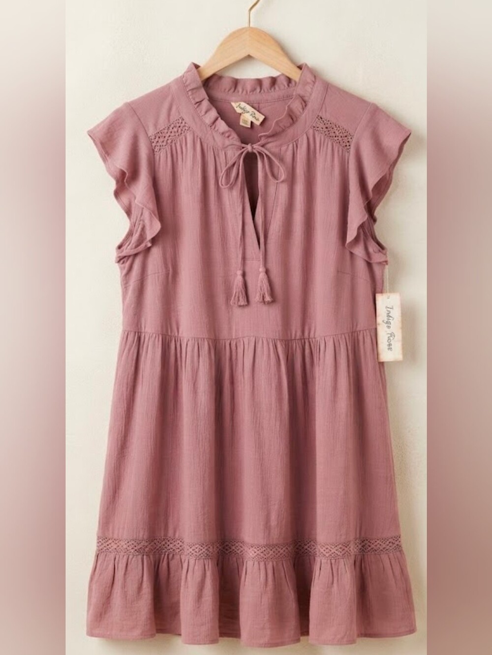 Tie-Neck Ruffle Sleeve Dress in Mauve